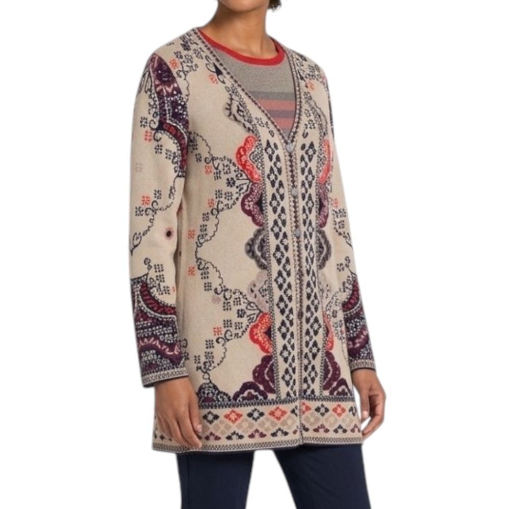 IVKO Woman Long Jacket Cardigan Morocco Pattern Size 40 US L Cotton Beige Blue